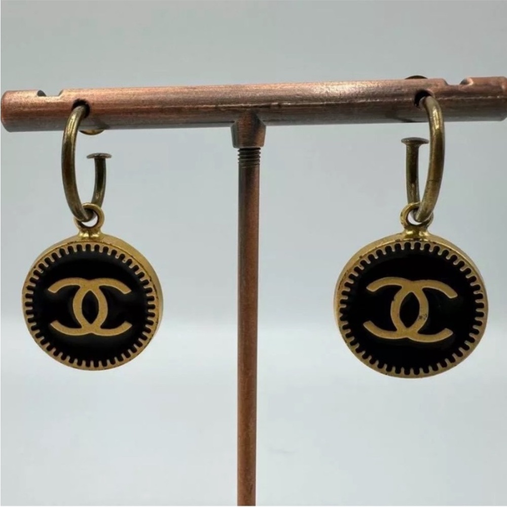 Chanel Black and Gold Logo Pierced Earrings